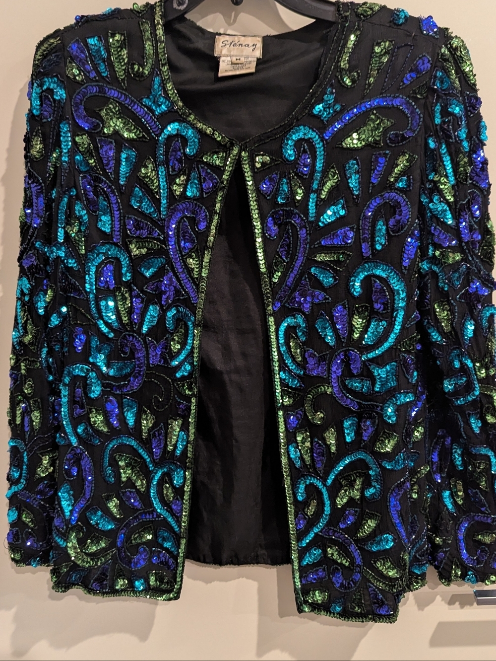 Vintage Stenay 100% Silk Beaded Sequin Evening Jacket Black Blue Green Size M